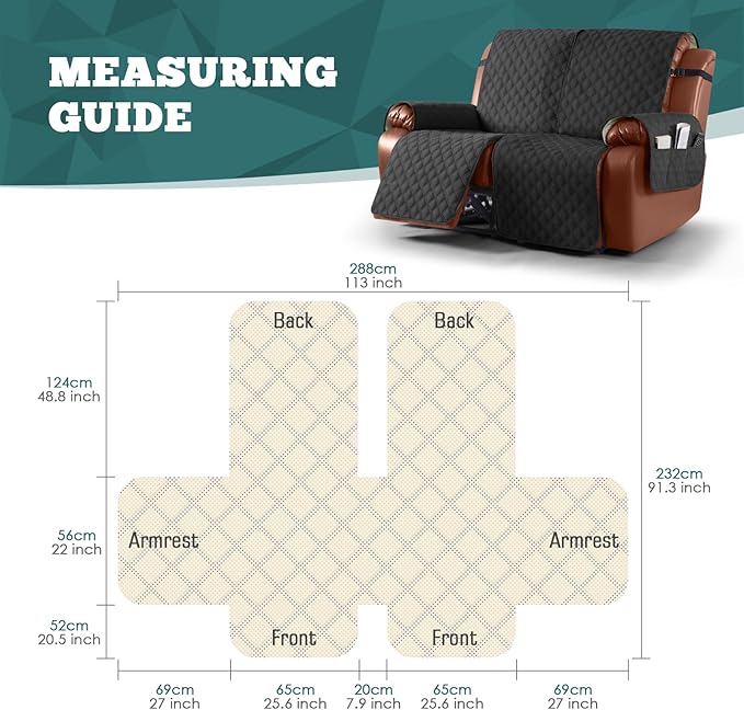 Ruaozz Waterproof Recliner Sofa Covers, 1-Piece Couch Covers for Reclining Couches Reclining Couch Cover Washable Furniture Protector with Elastic Straps Pocket for Kids Pets (Black, 2 Seater)