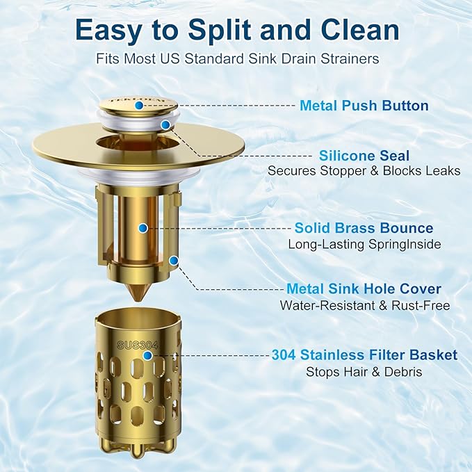 Bathroom Sink Stopper,All Metal Pop-Up Sink Drain Strainer with Removable Stainless Steel Filter Basket, Universal Bathroom Hair Catcher Fit for 1.1-2.36'' Drain (Gold, 1 Pack)