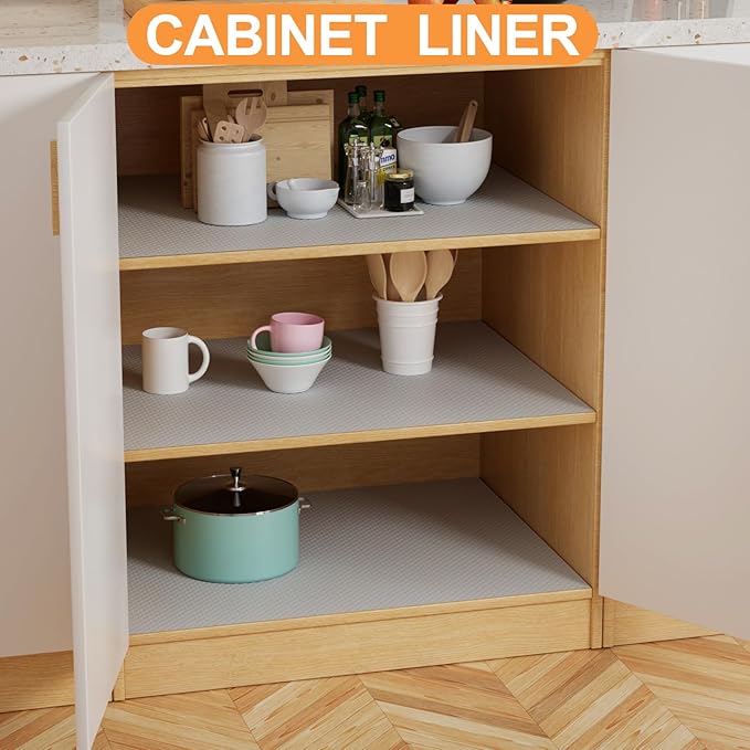 Shelf Liners for Kitchen Cabinets Non-Adhesive: Waterproof Drawer Liner 14 Inch × 300 inch Light Grey - Easy to Cut EVA Cupboard Mat for Pantry Shelves