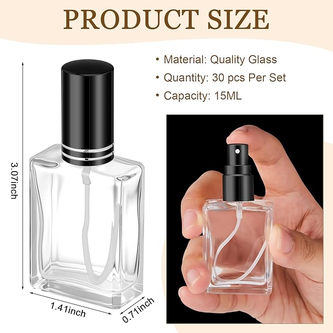 Domensi 30 Pcs 15 ml Glass Perfume Bottles Mini Glass Empty Spray Atomizer Bottles Bulk Refillable Small Perfume Dispenser Container with Pump Tool for Travel Plants Hair Cleaning Skin Care(Black)