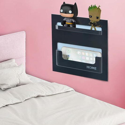 Bedside Shelf with Strong Sticky Gel,Wall Mount Organizer Holder for Cell Phone,Glasses,Remote,Keys,Adhesive Wall Shelves for Bedroom,Bathroom, Kitchen,No Drill Space Saver (Horizontal Type/Black)