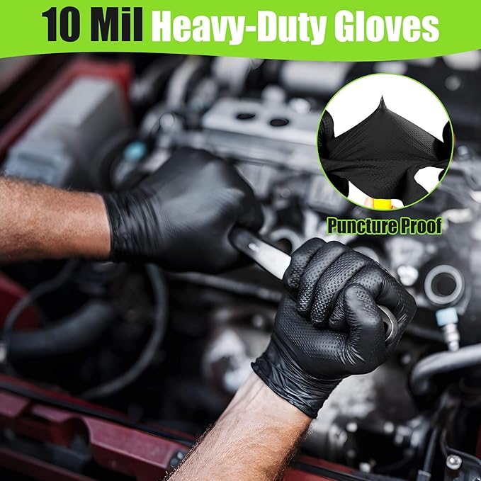 TREEGO 10 Mil Black Nitrile Gloves Heavy Duty — Raised Diamond Texture Grip, Latex Free Disposable Mechanic Work Gloves, Large, 100 Count