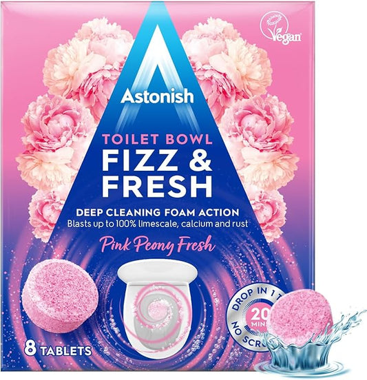 Astonish Foaming Pink Peony Toilet Bowl Cleaner - Deep Cleaning Limescale, Calcium & Rust - No Bottle, Removes Hard Stains - Box of 8 Tablets