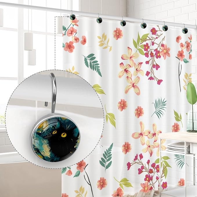 12 Packs Abstract Starry Sky Cat Pattern Shower Curtain Hooks, Stainless Steel Glass Shower Curtain Rings for Bathroom Decor, Metal Rustproof Curtain Rod Hooks