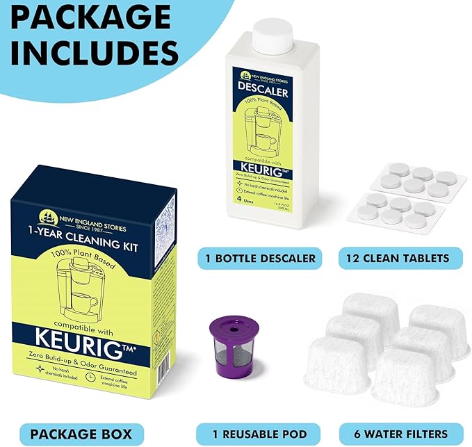 New England Stories Keurig Compatible Descaling Set, 1 Year Cleaning & Maintaining Set, Includes 1 Bottle of Descaler (4 Uses), 12 Cleaning Tablets, 1 Reusable Pod and 6 Water Filters