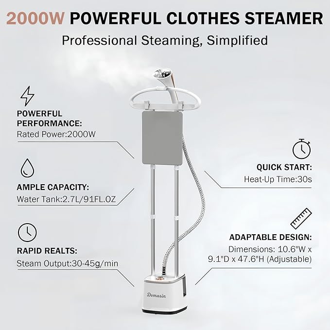 Standing Garment Steamer 2000W Professional Steamer for Clothes with Ironing Board, 10 Steam Levels, 30s Fast Heat-up, 2.7L/91FL.OZ Water Tank, Wrinkle Removal for Home & Commercial Use