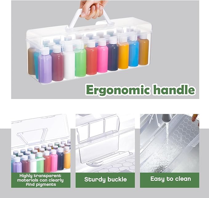 3 Pcs Acrylic Paint Storage Box for 2 Fl. oz Acrylic Paints, Portable Craft Art Organizer with Handle, 30 Bottles Capacity Plastic Art Supply Clear Boxes (White)