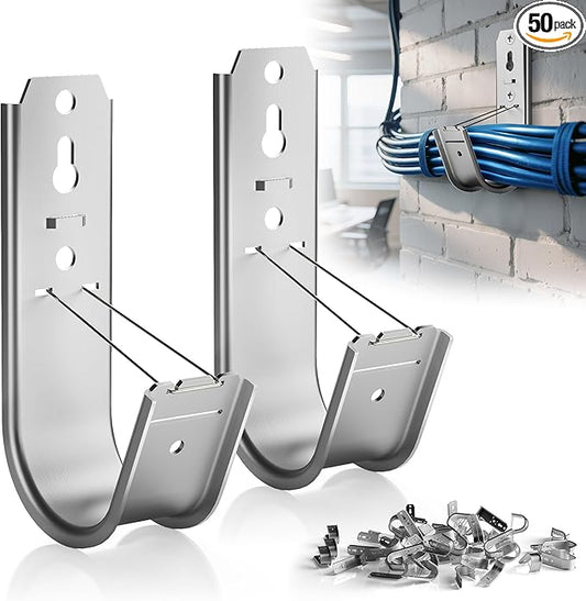 50 Pack J Hooks for Cable Management | 2 Inch Galvanized Steel J-Hook with Retainer Clip for Hanging Cable & Wire Support Ceiling Mount to Ceilings Beams