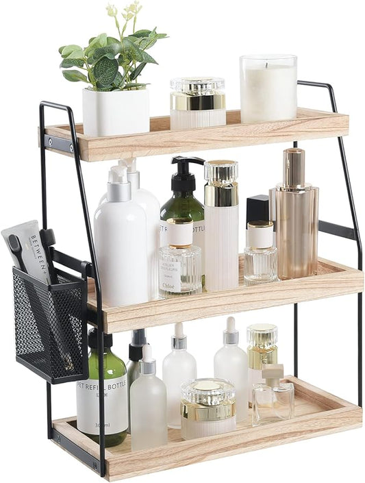 Bathroom Organizer Countertop, 3-Tier Standing Counter Shelf with Basket, Wood Tray for Kitchen Vanity Organizer