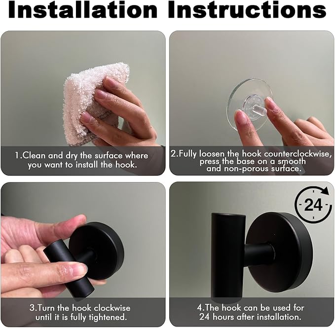Suction Cup Shower Towel Hooks, Wall Mount Robe Holder, Heavy Duty No Drill Wall SUS304 Waterproof Stainless Steel Hooks for Bedroom, Bathroom, Kitchen, Hotel and Office (2*Matte Black)
