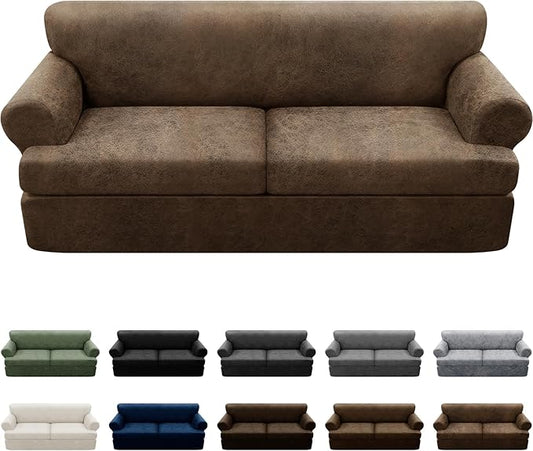 3-Pieces T Cushion Sofa Slipcovers Leather Look Couch Cover for 2 Cushion Couch Furniture Protector Stretch Sofa Cover with 2 Individual T Cushion Seat Covers Washable, Light Brown