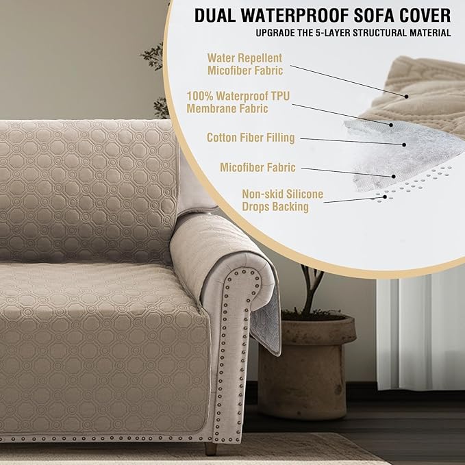 PrinceDeco Couch Cover for 3 Cushion Sofa Wateroroof Couch Sofa Cover for Dogs Diamond Quilted Pattern Furniture Protector Cover with Elastic Straps for Pet Cat (Sofa,Taupe)