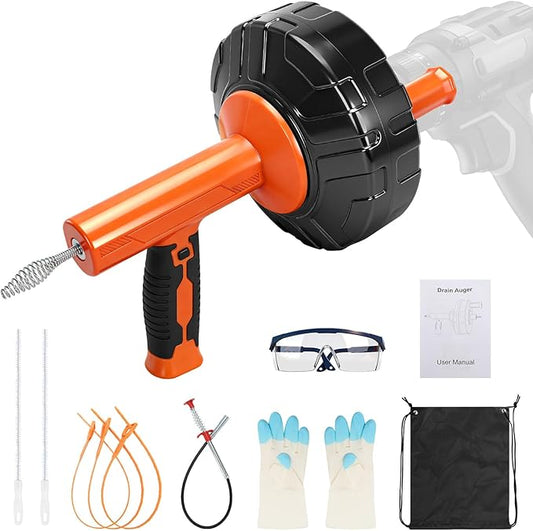 45 FT Drain Snake Tools, Manual Or Powered Double Mode Auto Retract Drain Drain Auger with Drill Attachment, plumbing snake for Sink、 Drain Unblocking、Toilet、Shower、Kitchen、Sink