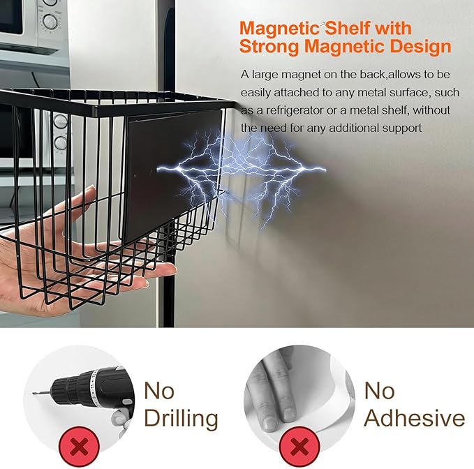 Magnetic Storage Shelf 2 Pack, Magnetic Dryer Balls Holder & Magnetic Spice Basket for Refrigerator, Multipurpose Fridge Organizer for Kitchen Laundry Room Organization