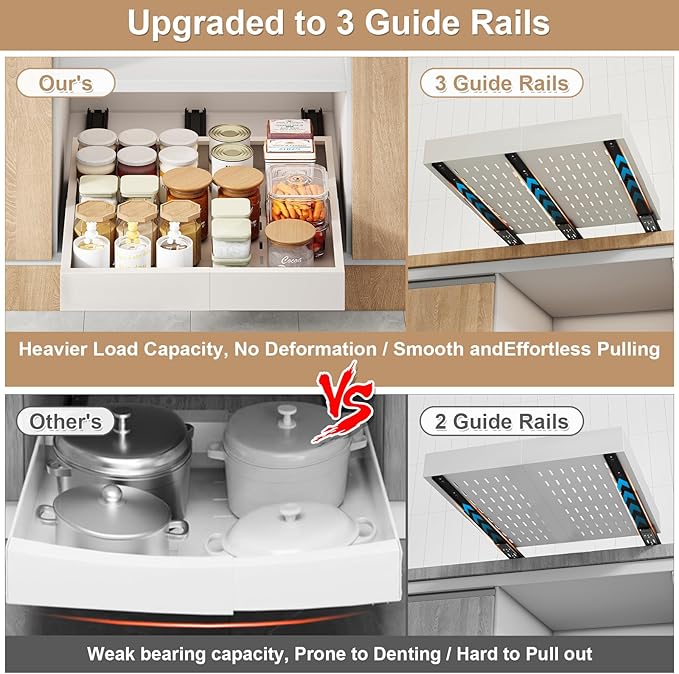 Pull out Cabinet Organizer,Expandable Width(15"-21"),Depth(17"-24") with 3 Rails,Roll out Drawers,No Drill Adjustable Slide out Shelves for Kitchen,Pantry,for Both Lip and Lip-Free Cabinets,White(1PC)