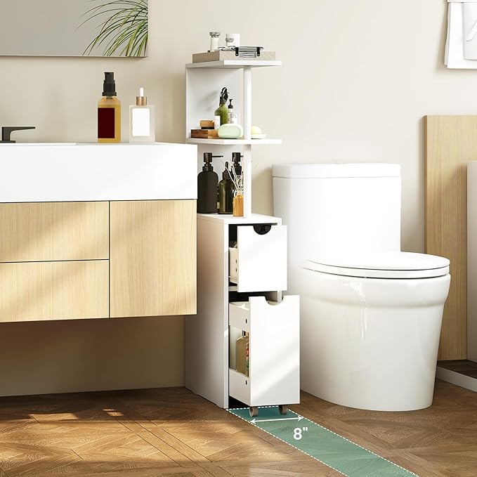 Giantex Slim Storage Cabinet, Narrow Freestanding Bathroom Organizer with Open Shelves, Pull-Out Drawer and Slide-Out Cart, Space-Saving Wooden Floor Cabinet for Entryway, Living Room and Kitchen