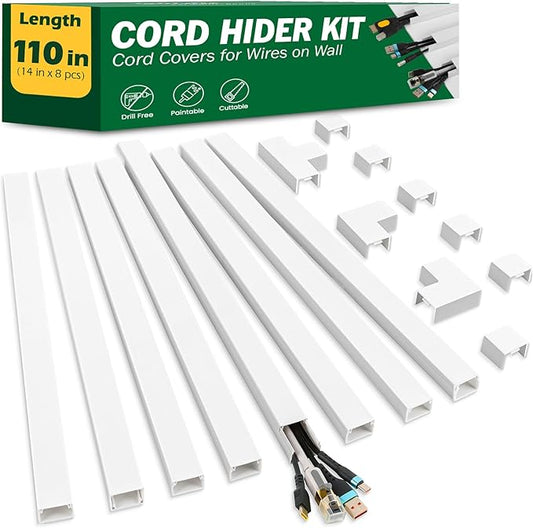 AZEN Cord Hider Kit, 110in Cord Covers for Wires on Wall, Paintable Wire Covers, Self-Adhesive Cable Hider Cord Organizer, Wire Hiders for TV on Wall, 8X L14in X W0.96in X H0.57in
