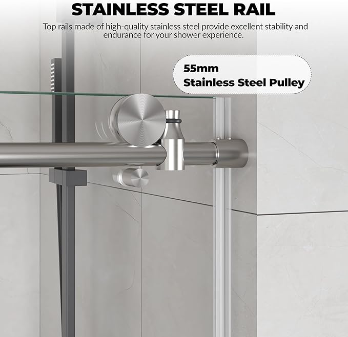 Frameless Bathtub Shower Door, 56–60 inch W x 59 inch H Sliding Tub Door, 6mm Tempered Glass, Stainless Steel Round Rail & 55 Rollers, One Fixed and One Sliding Panel, Brushed Nickel