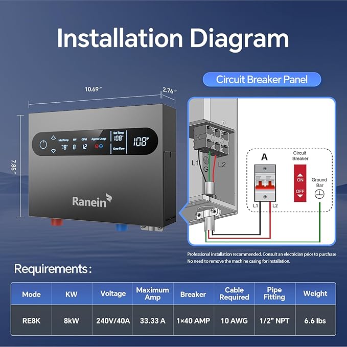 Ranein 8kW Tankless Electric Water Heater, 240V on Demand Instant Endless Water Heater with LED Temperature Display for Bathroom and Kitchen sink