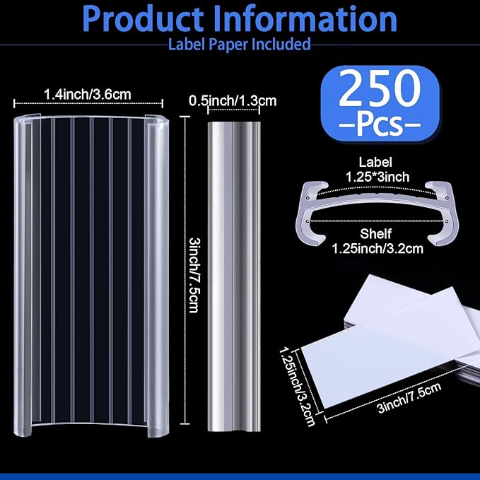 Yulejo 250 Pieces Wire Shelf Label Holders Wire Label Holder Plastic Shelf Tags for Shelving Clips with Paper Inserts, Compatible with 1-1/4 Inch Shelves