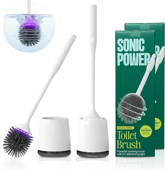 Electric Toilet Brush & Scrubber – Self Cleaning Silicone Toilet Bowl Brush with UVC Light, Rechargeable Wireless Spinning Toilet Brush & Holder Set, Wall Mount or Floor Standing (2 Pack)