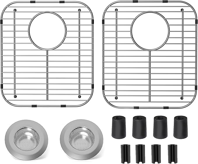 2Pack Stainless Steel Kitchen Sink Grid,13.2" x 11.6" x 1.2" Sink Protectors With Rear Drain Hole,Sink Rack for Bottom of Sink, Anti-rust Metal Sink Bottom Grid With 2Pack Sink Strainers