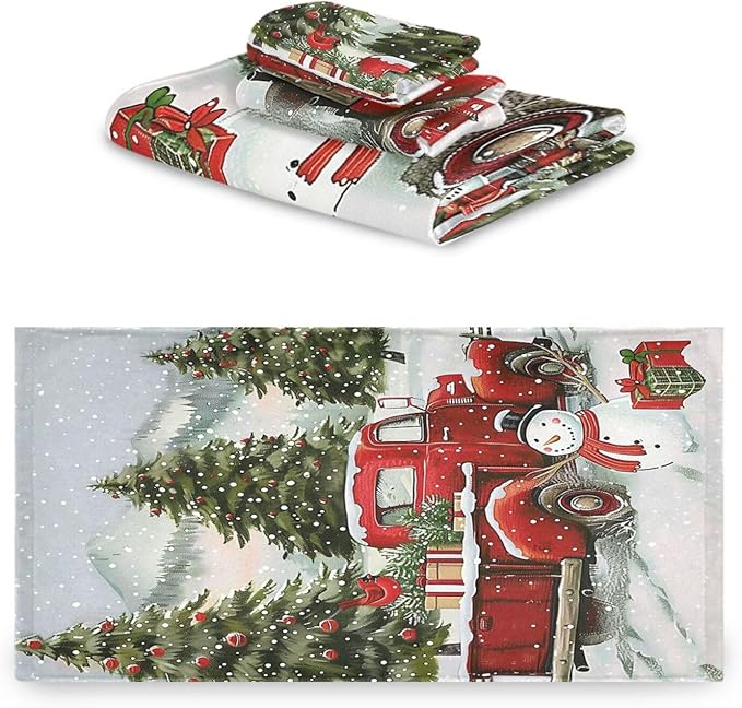 Pfrewn Snowman Red Truck Xmas Tree Towels Set of 3 Christmas Winter Bathroom Towel Soft Absorbent Bath Hand Towels Washcloth Guest Towel Sets Merry Christmas Xmas Bathroom Decor Gifts