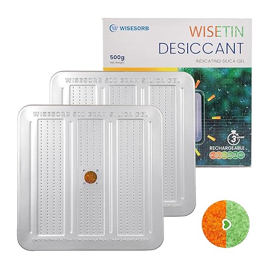 2Pcs 500 Gram Desiccant Canisters, Indicating & Rechargeable Gun Safe Dehumidifier, Portable Desiccant Canister, Silica Gel Moisture Absorber for Storage