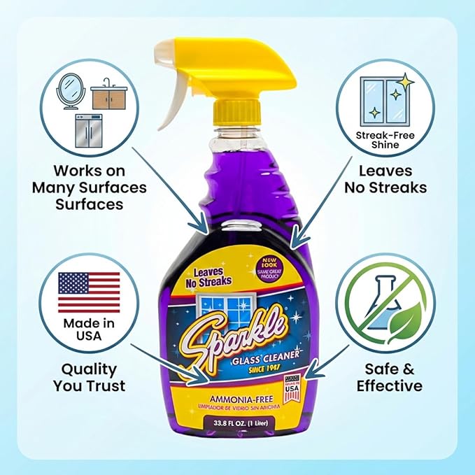 Sparkle Glass Cleaner Spray Bottle 2-Pack, Ammonia-Free Original Formula Heavy Duty Glass Cleaner, Leaves No Streaks (33.8 Fl Oz,Pack of 2)