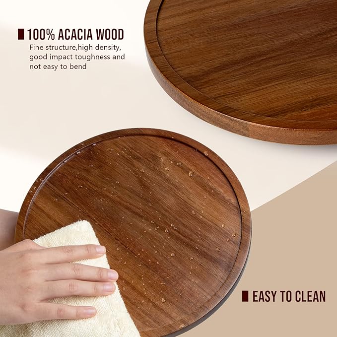 Lazy Susan Organizer for Table, 12 Inch Wooden Lazy Susan Turntable for Cabinet, Acacia Wood Turntable Kitchen Spice Rack (2 Pack)