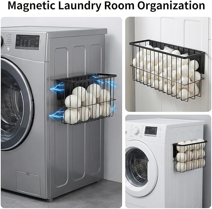 2 Pack Magnetic Laundry Basket - Dryer Ball Holder & Lint Bin Organizer for Refrigerator, Kitchen & Laundry Room Storage (L + XL, Black)