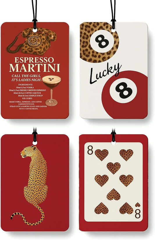 Funky Red Cheetah Car Air Freshener 4 Pcs, Trendy Lucky 8 Ball Leopard Poker Hanging Air Freshener for Cars Closet Drawer Books, Red Cheetah Car Accessories Mirror Decor for Women