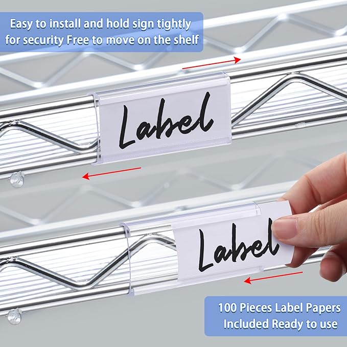 Yulejo 100 Pieces Wire Shelf Label Holders Wire Label Holder Plastic Shelf Tags for Shelving Clips with Paper Inserts, Compatible with 1-1/4 Inch Shelves