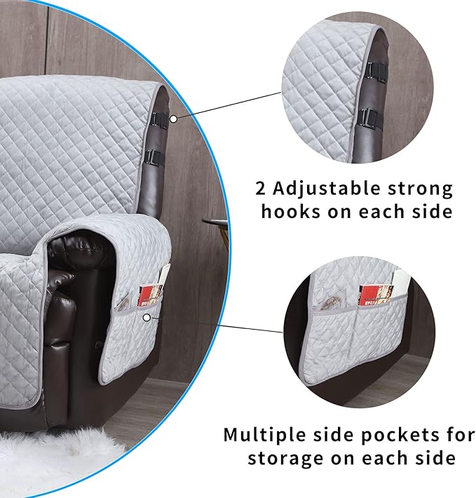 LUFEIJIASHI Velvet Recliner Covers Non Slip Waterproof Large Recliner Chair Covers for Leather Chairs Recliner Sofa Cover for Living Room Recliner Furniture Protectors Covers for Dog Pets (Grey, 28")
