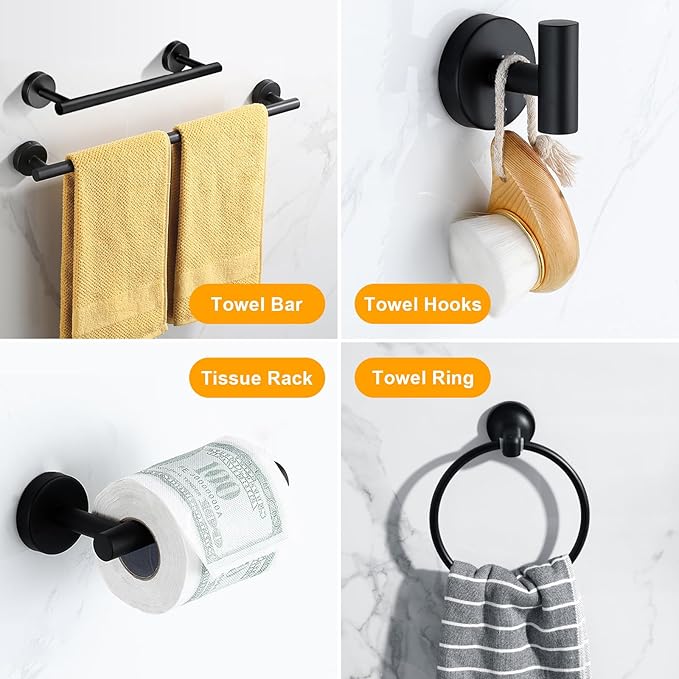 12 PCS Matte Black Round Towel Bar Set, Bathroom Towel Bar Set Include 24 inch,16 inch Towel Bar, Toilet Paper Holder, Towel Ring, Towel Hooks, Stainless Steel Bathroom Accessories Set