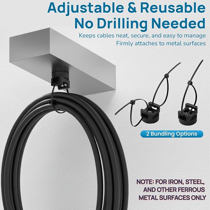 Magnetic Cable Ties Set, 25 Magnetic Zip Tie Mounts with 200 Cable Ties, Strong Wire Holder Cables Management, Multipurpose Electrical Cord Management Cord Holders Organizer (22mm)