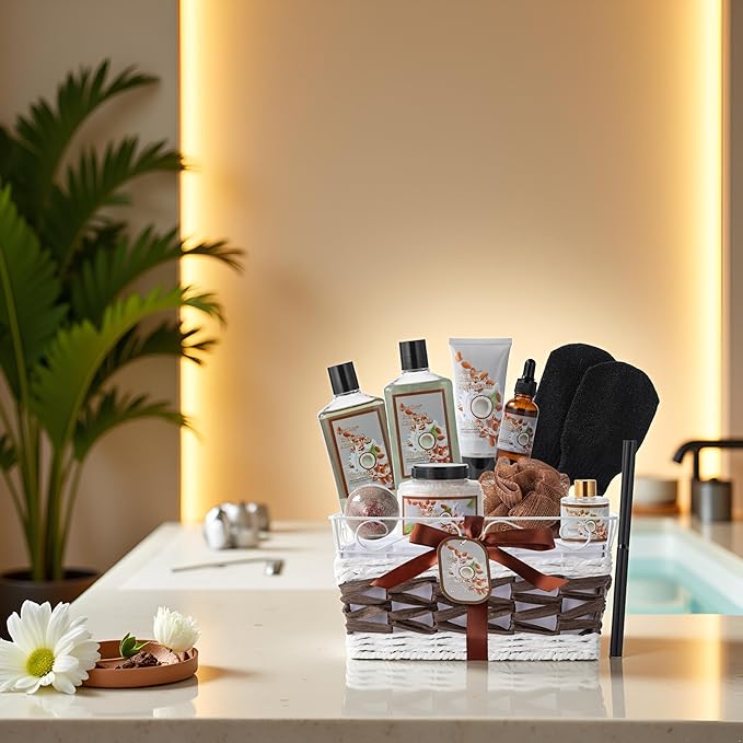 Valentines Day Gifts Coconut Almond spa kit, Bath and Body Gift Basket for Women & Men Spa Gift Basket,16 Pcs Bath Gift Set With Fragrant Lotion, Home Spa Luxurious Body Oil, Diffuser & More