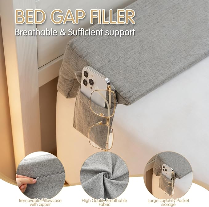 Novabright 76"x8"x5" Bed Wedge Pillow Gap Filler for Headboard Gap Filler Bed Wedge Pillow with Side Pocket Gaps Mattress Wedges Gaps Fillers to Stop Items Falling Down, Removable and Washable
