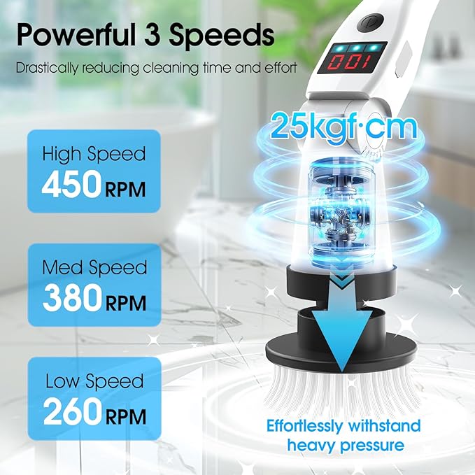 Electric Spin Scrubber, Shower Scrubber with Long Handle & 3 Speeds, 5200mAh Rechargeable Cordless Power Scrubber, Retractable & Adjustable Angle Spin Brush for Bathroom/Tub/Floor/Tile (Blue)