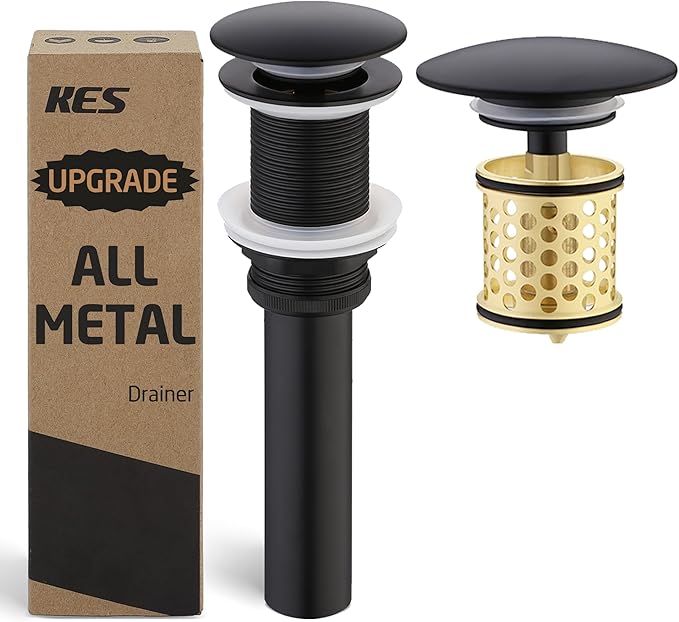 KES Pop Up Drain Without Overflow with Detachable Hair Catcher Sink Drain Strainer for Bathroom Sink Drain Matte Black, S2018D-BK