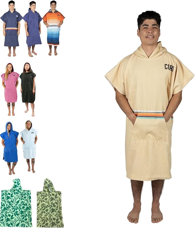 COR Surf Poncho Changing Towel Robe with Hood and Front Pocket | Thick Quick Dry Microfiber Wetsuit Poncho Towel for Surfing Beach Pool Swim (Large - Retro Sand)