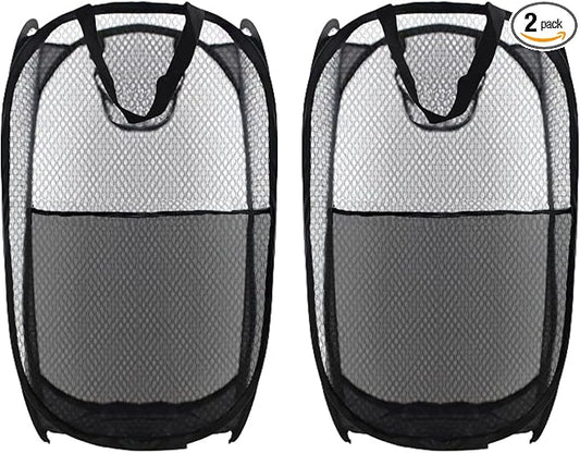 Collapsible Pop Up Laundry Hamper, Extra Large Mesh Foldable Laundry Basket Bag, 28" x 16" x 16", 2 Pack (Black)