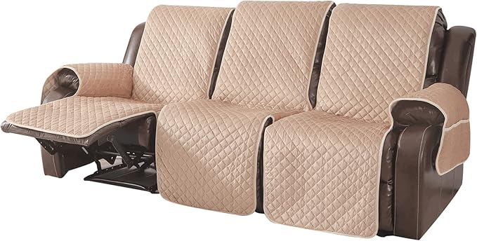 LUFEIJIASHI Velvet Recliner Covers Non Slip Waterproof Large Recliner Chair Covers for Leather Chairs Recliner Sofa Cover for Living Room (Beige, 3 Seater)