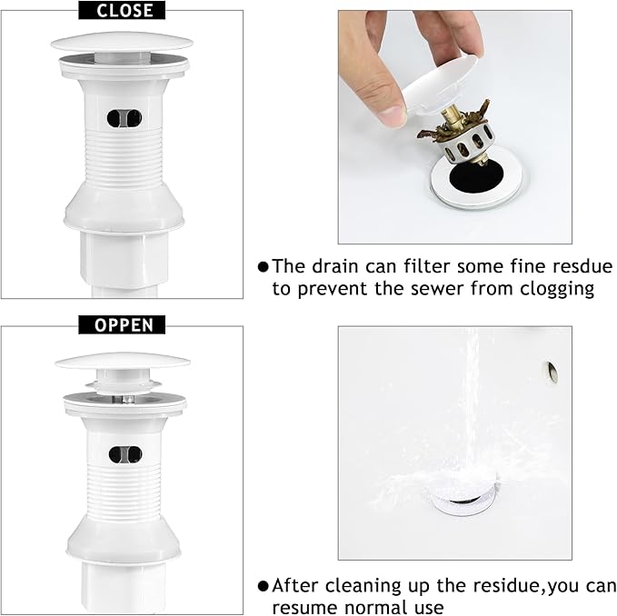 Bathroom Sink Drain,Drain Stopper Bathroom Sink Without Overflow,Pop Up Drain Assembly with Detachable Strainer Basket,Built-in Anti-Clogging, Stainless Steel Nut White