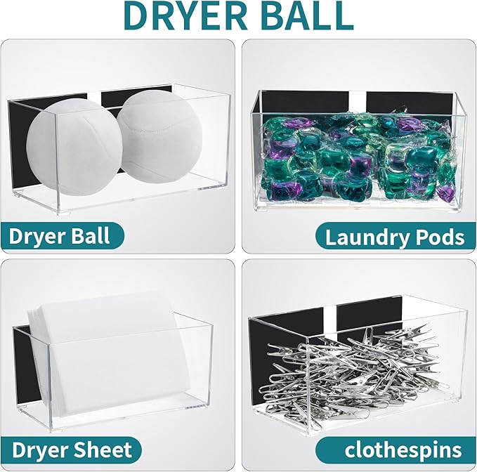 CINPIUK Magnetic Dryer Ball Holder for Laundry Room Organization, Clear Lint Bin with Adhesive Hook, Iron Dryer Ball Container Box for Laundry Room, Office, Bathroom & Craft Supplies, 2Pcs