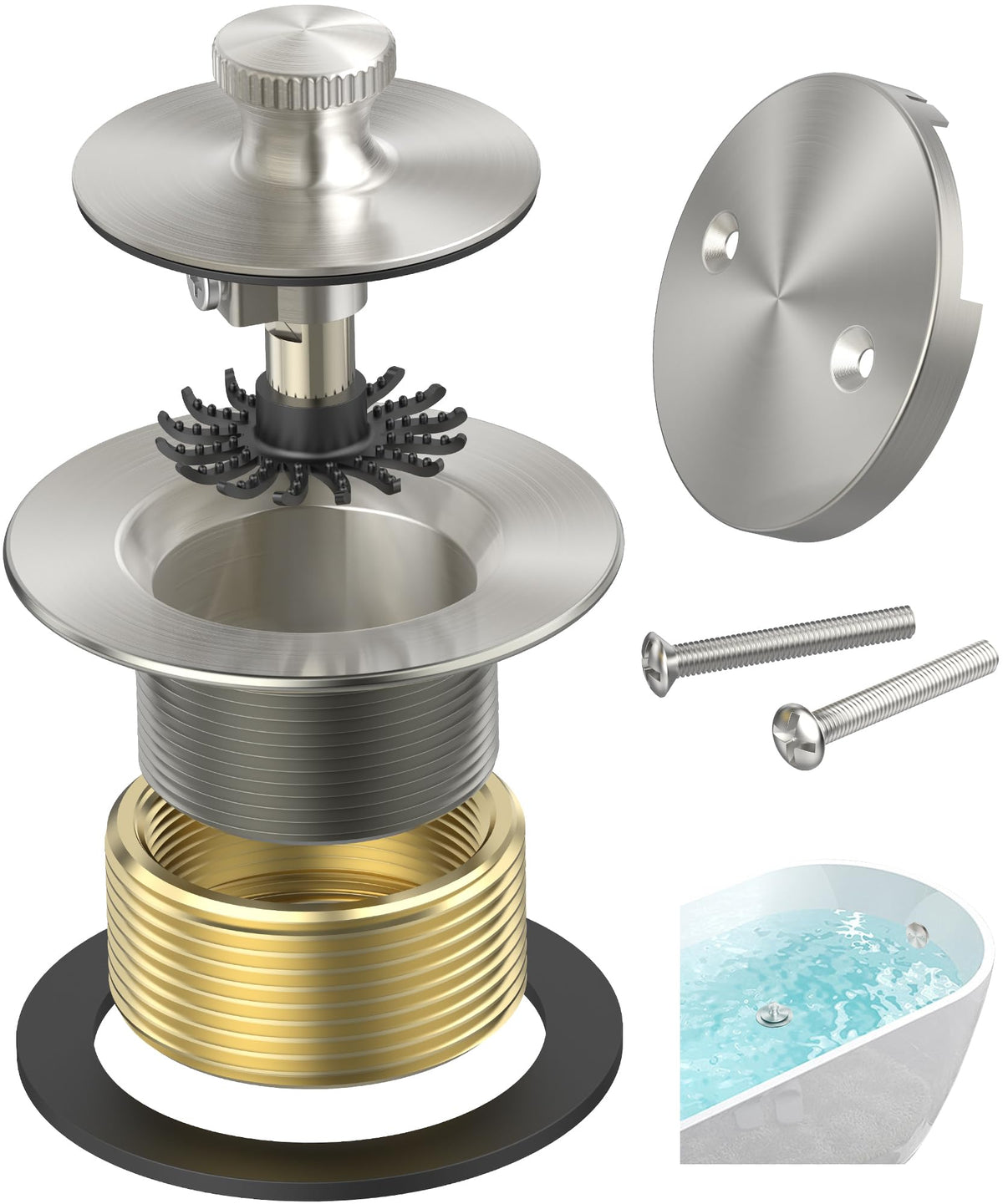Brushed Nickel Bathtub Drain, Hair Catcher and 2-Hole - Image 1