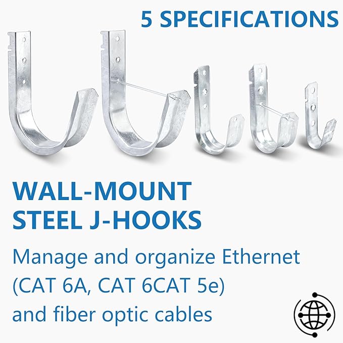 SIHAI (50 Packs 2” Inch J-Hooks, UL Certified Heavy-Duty Cable Support Hooks for Hanging CAT6/6A, Fiber Cable Management and Low Voltage Wiring (with Retainer Clip)