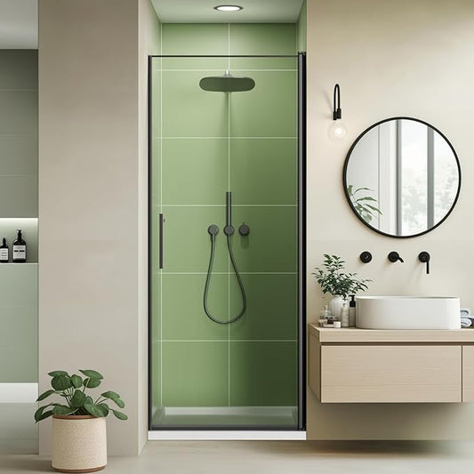 30" Wx72 H Frameless Reversible Pivot Shower Door, 1/4" Clear SGCC Tempered Glass, 304 Stainless Steel Hardware, Water Protection Seal Stripes Plus Glass-Fixing Aluminum Stripe