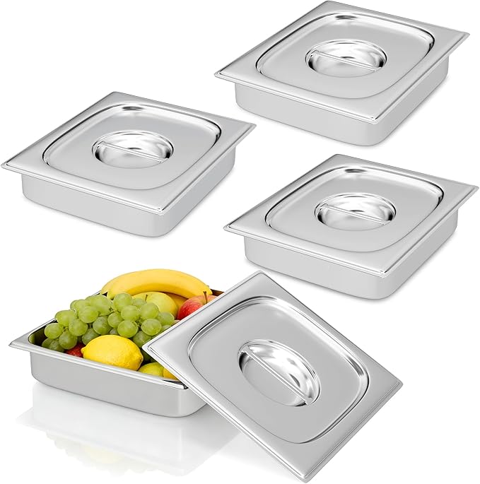 4 Pack Hotel Pans with Lids 1/2 Size 2.5" Deep, Stainless Steel Steam Table Pan with Lid, Commercial Metal Buffet Food Storage Container, Anti-Jam Design, for Restaurant, Kitchen, Party, Home
