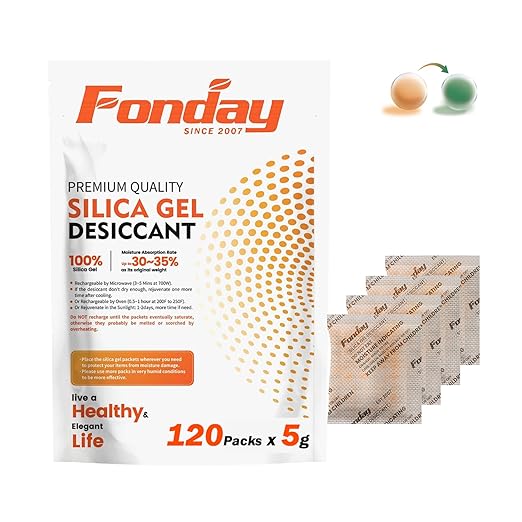 5g x 120 packs Fonday Rechargeable Silica Gel Desiccant Packets Food Grade Fast Reactivate Desiccant Bags Moisture Indicating Orange to Green